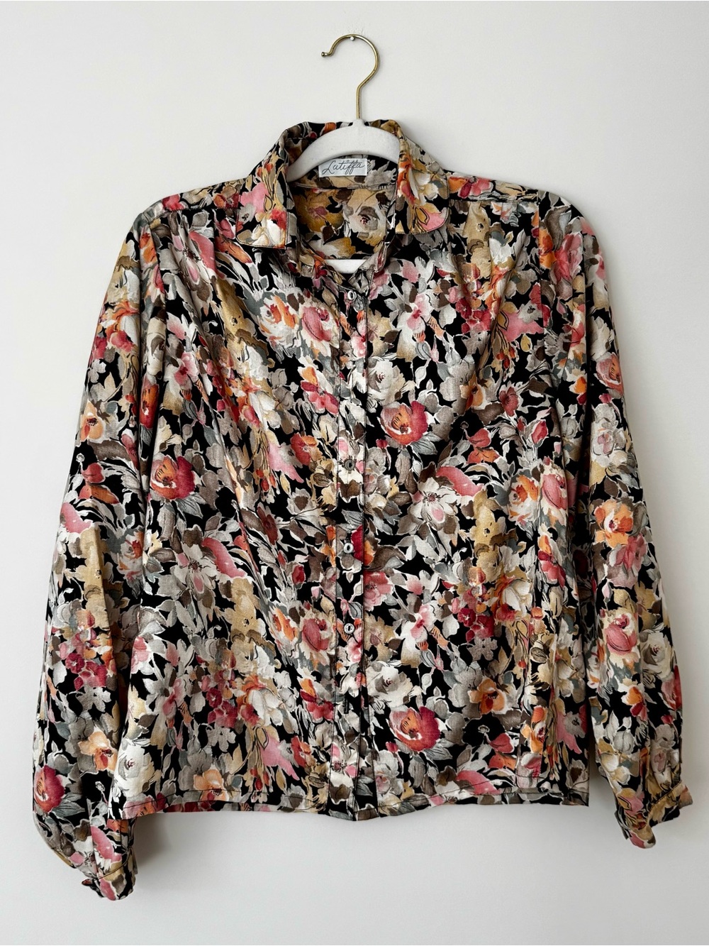 Vintage Latiffa 1970s Floral Silk Blend Button Down Blouse, Neutral & Pink – 10